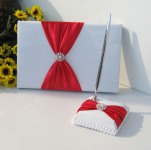 Red Bow White Wedding Guest Register Book + Silver Pen & Matching Holder